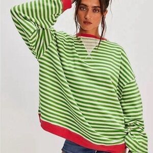 Free People Green & Pink Viral Classic Striped Crewneck Pullover Sweatshirt